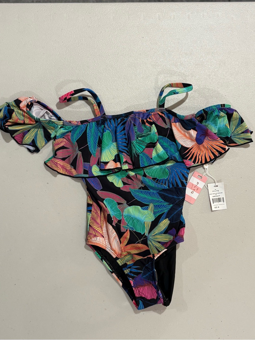 PQ Swim Girls Black Tropical Leaf Ruffle One-Piece